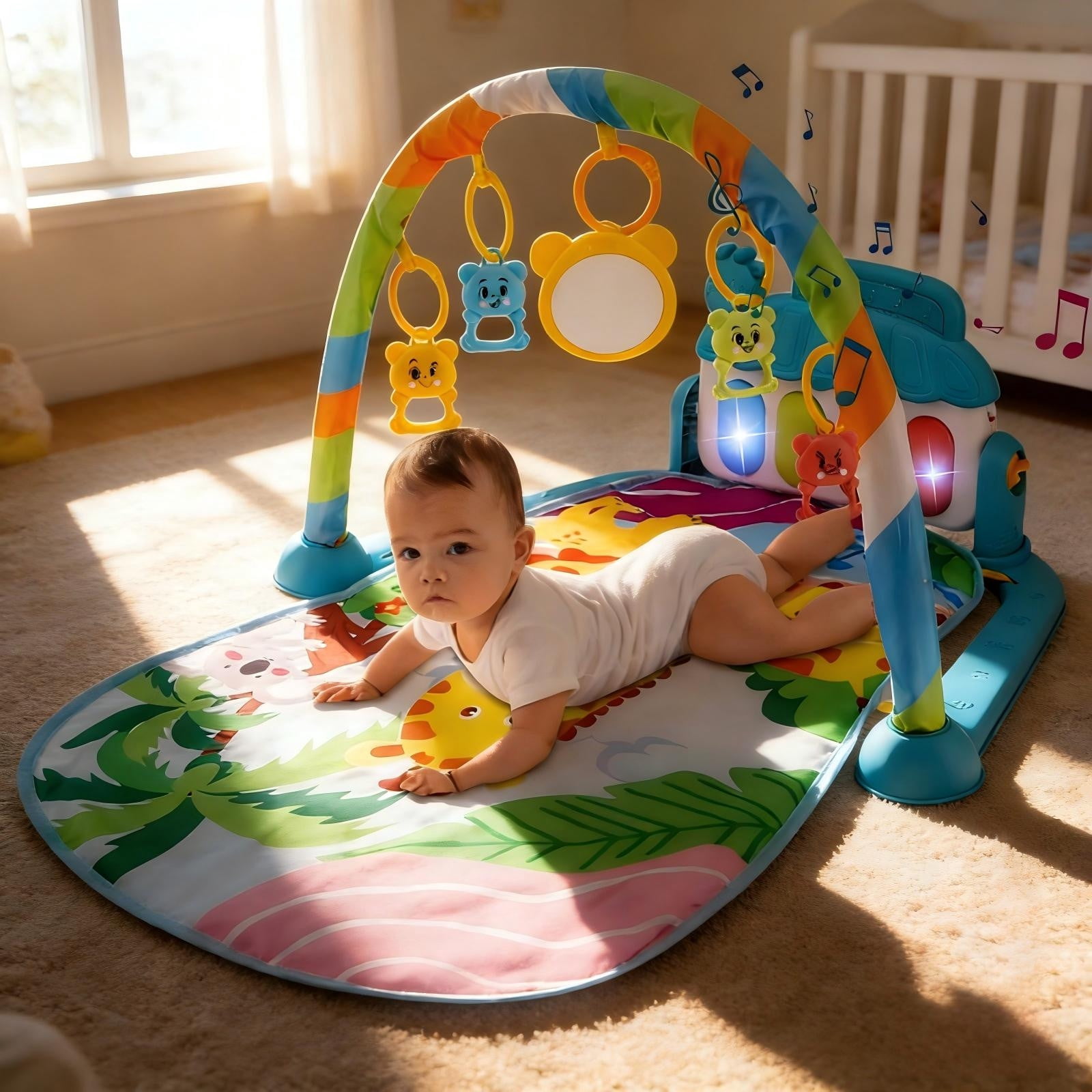 syligr Baby Gym Play Mat with Kick Piano for Newborns Infants 0-12 Months Tummy Time Activity Center, 5 Removable Hanging Toys, Sensory Musical Mat, Large Non-Slip Pad, Birthday Gift for Boys Girls