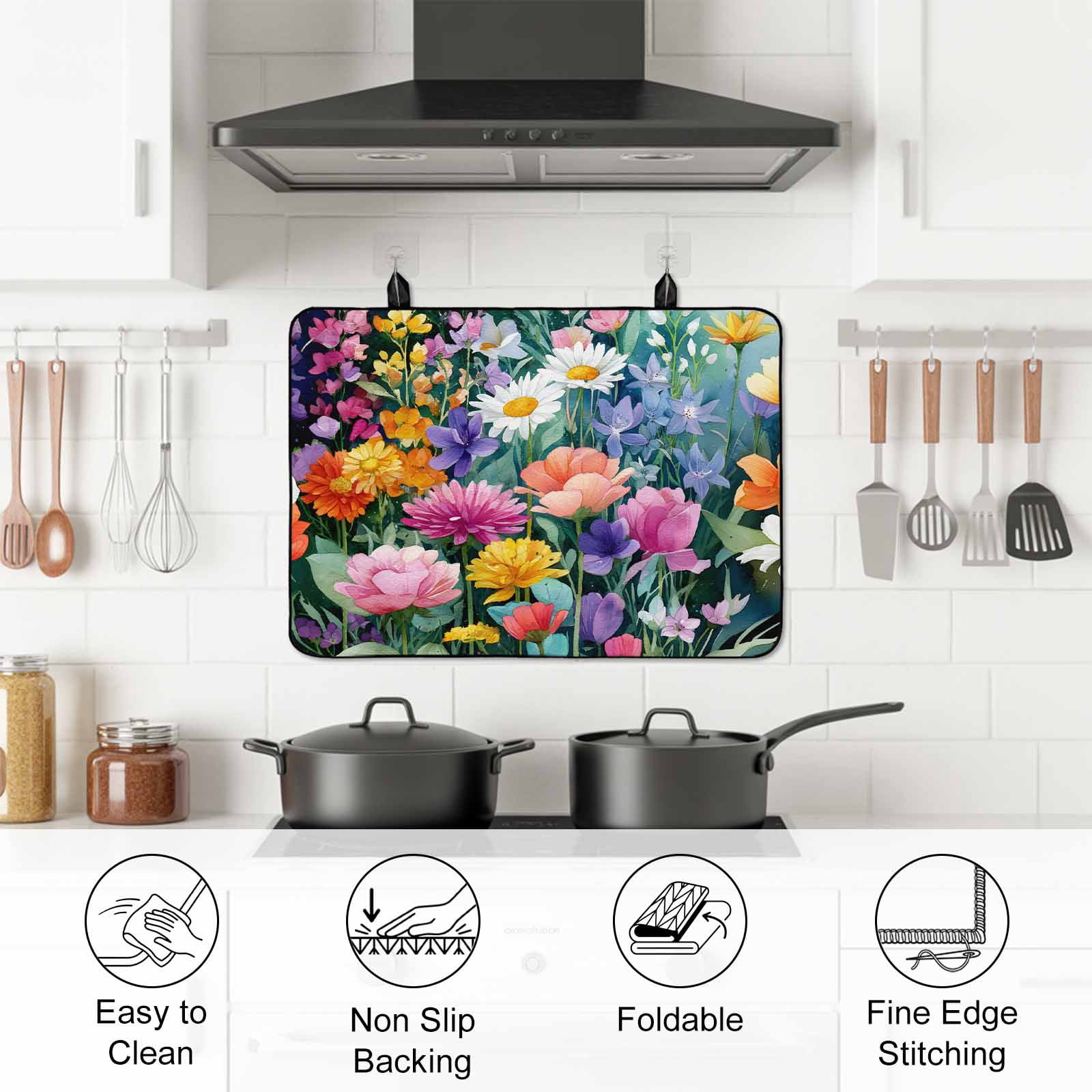 Watercolor Spring Floral Stove Top Cover for Electric Stove, Heat-proof & Non Slip Glass Top Stove Cover Protector, Farmhouse Flowers Colorful Kitchen Flat Cooktop Rubber Mat 24x21 Inches