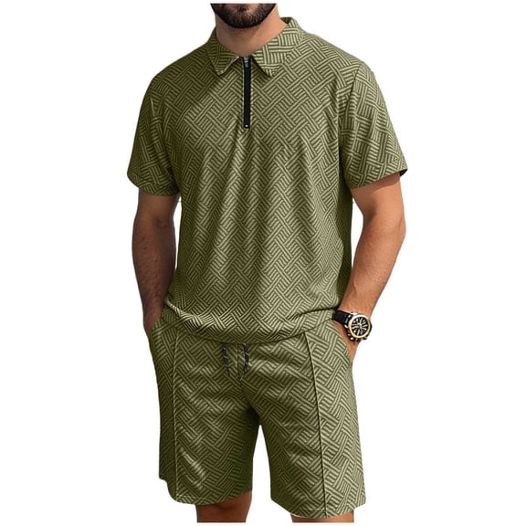 HBGVBA Men Print Short Sleeve 1 4 Zip Collared Top Drawstring Elastic Waist Casual Shorts Set