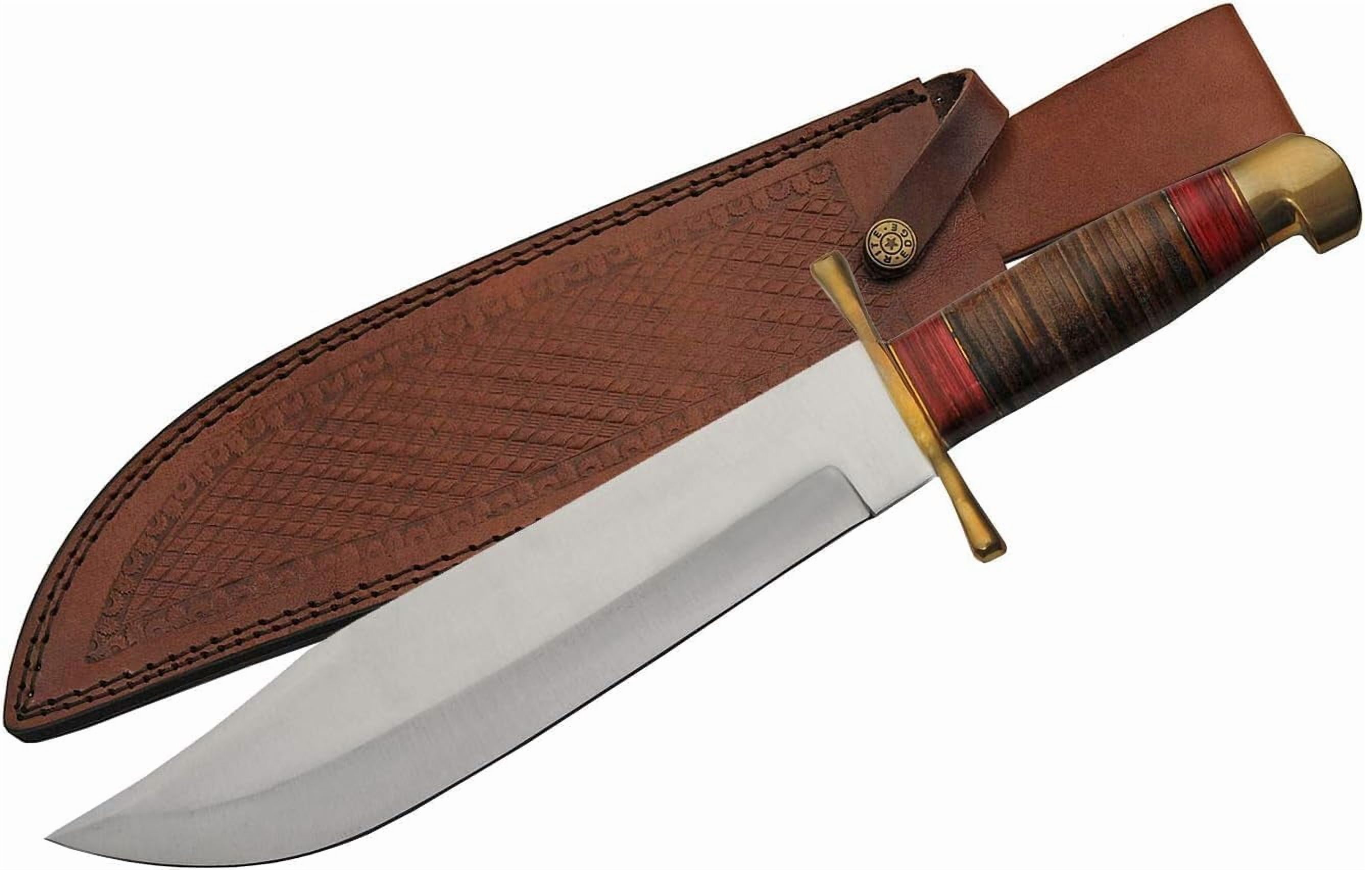 SZCO 17 Inch Bowie Hunting Knife With Stainless Steel Blade Leather Stacked Pakkawood Handle And Brown Leather Sheath