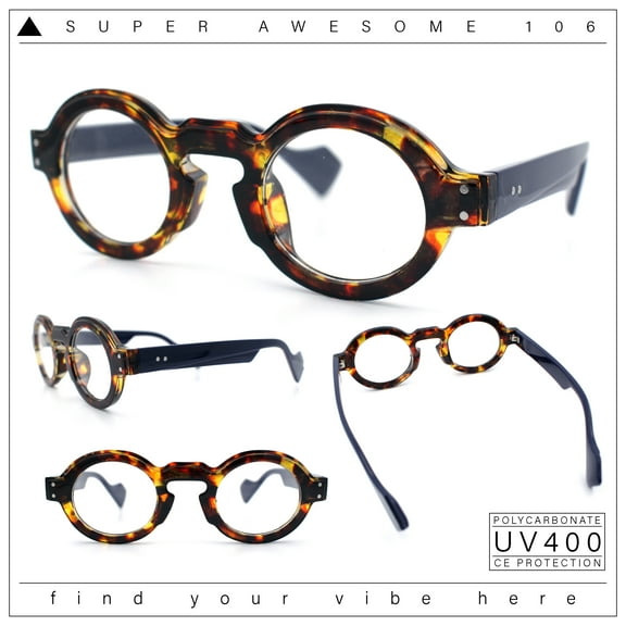 Retro Nerdy Hipster Round Thick Horn Rim Plastic Keyhole Sunglasses Tortoise Navy - Clear