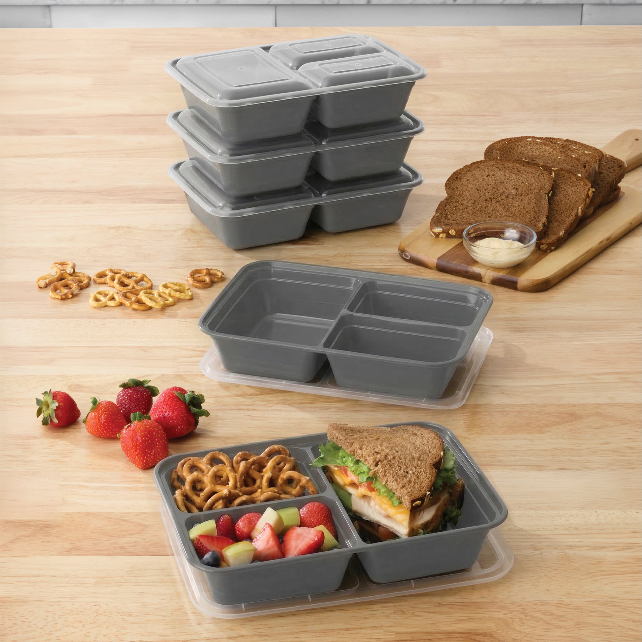 Mainstays 5-Pack 3-Compartment BPA-Free Plastic Meal Prep Food Storage Containers, 1.2L