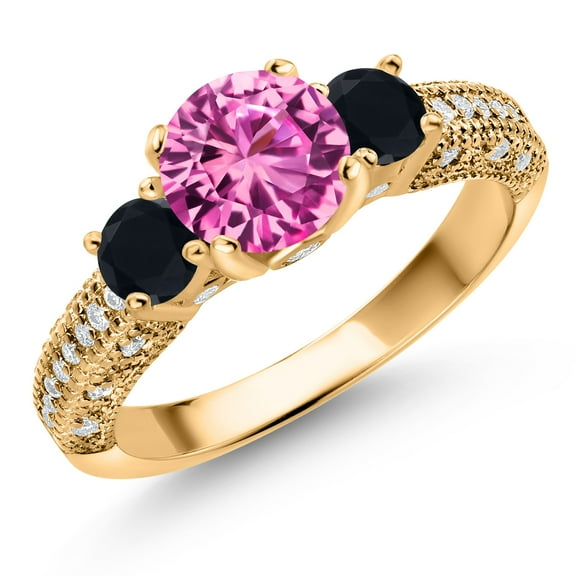 Gem Stone King 18K Yellow Gold Plated Silver Pink Created Sapphire Black Onyx and White Moissanite Engagement Ring for Women (2.18 Cttw, Gemstone September Birthstone, Round 7MM and 4MM, Size 8)