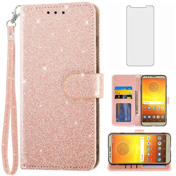 Compatible with Moto E5/G6 Play/MotoG6 Forge Wallet Phone Case and Tempered Glass Screen Protector Flip Credit Card Holder Stand Bling Glitter Cell Cover for Motorola MotoG6Play MotoE5 Women Pink