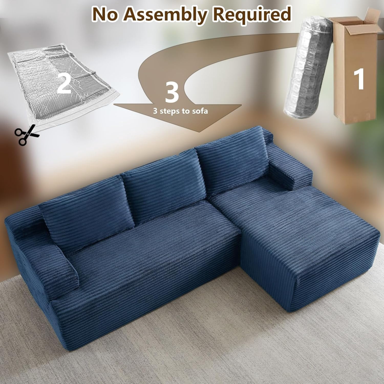 96" Boneless Cloud Couch with Chaise, Modular Sectional Sofa for Living Room, No Assembly Required, Deep Seat Corduroy Couch, Blue