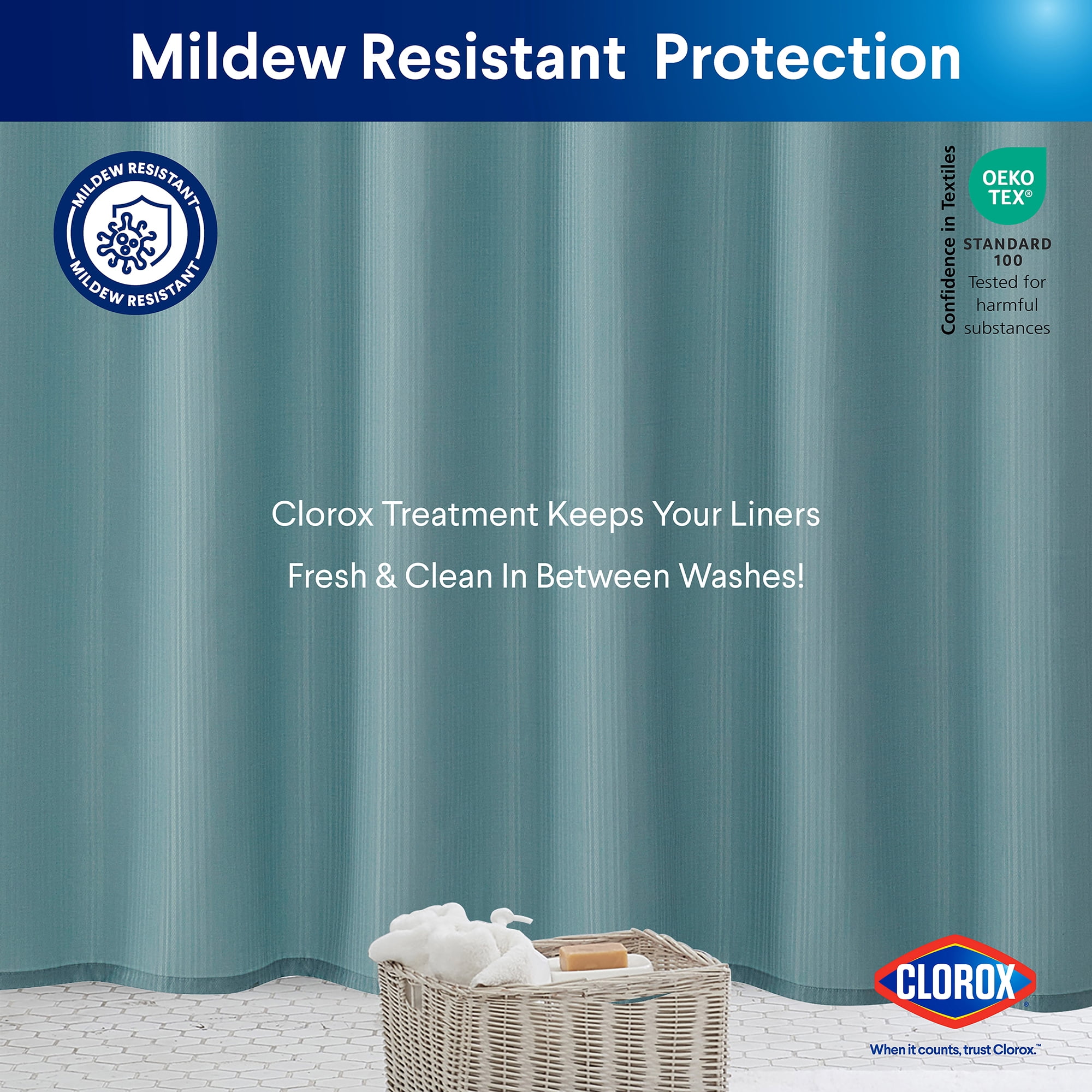 Clorox 100% Polyester Shower Curtain Set with Waterproof PEVA Liner and 12 Metal Hooks (Aqua)