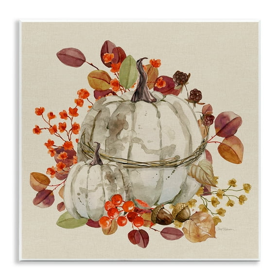 Stupell Industries Seasonal Pumpkin & Leaves Botanical & Floral Painting Unframed Art Prints Wall Art, 12 x 12