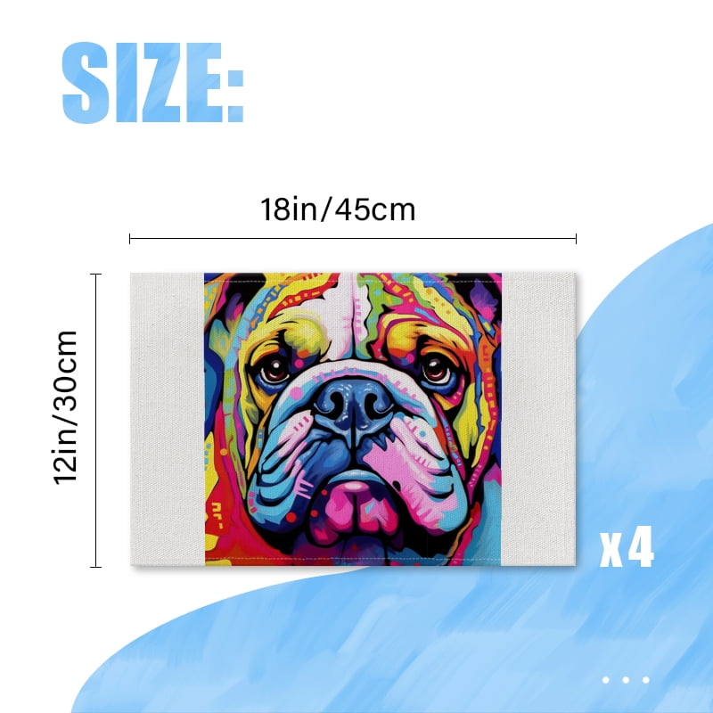 BaHomeck placemats Set of 4 Colorful Cute Bulldog In Cartoon Style Cotton Linen rectangle Placemats for Kitchen Dining Table Indoor,Outdoor,18*12inch
