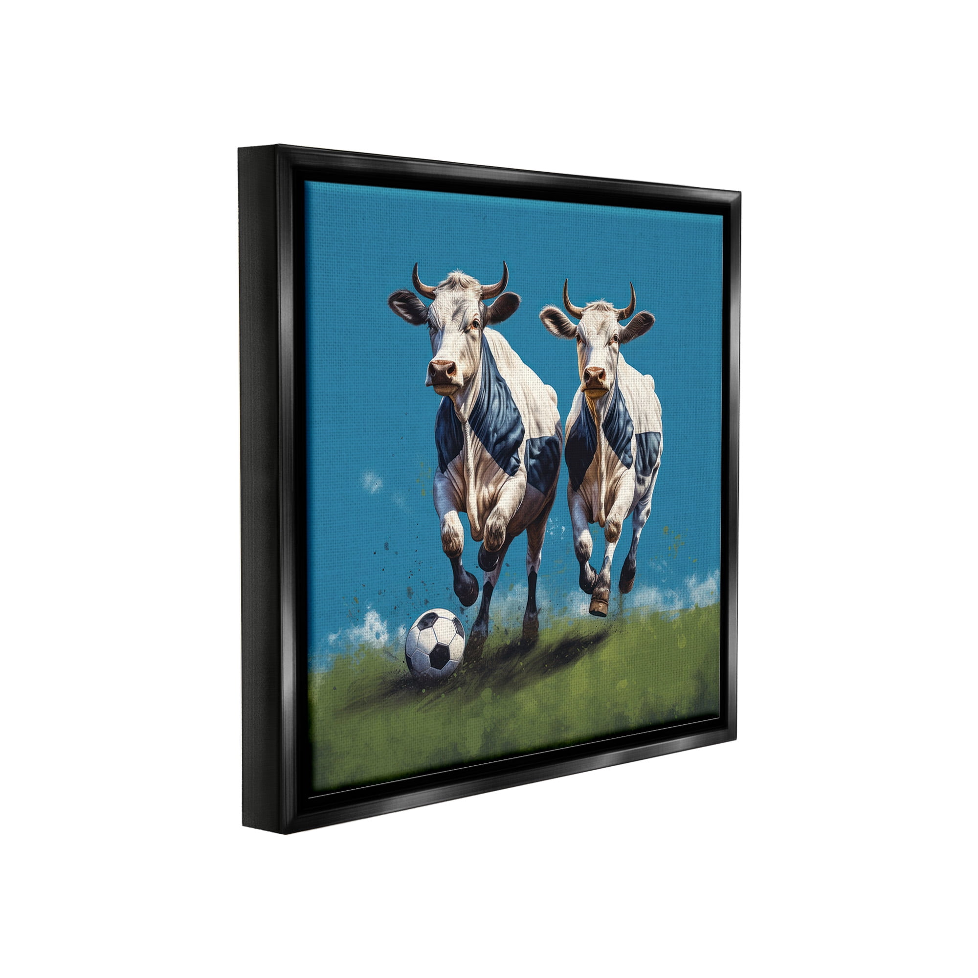 Stupell Industries Cows Playing Soccer Animals & Insects Painting Black Floater Framed Canvas Art Print Wall Art, 25 x 25