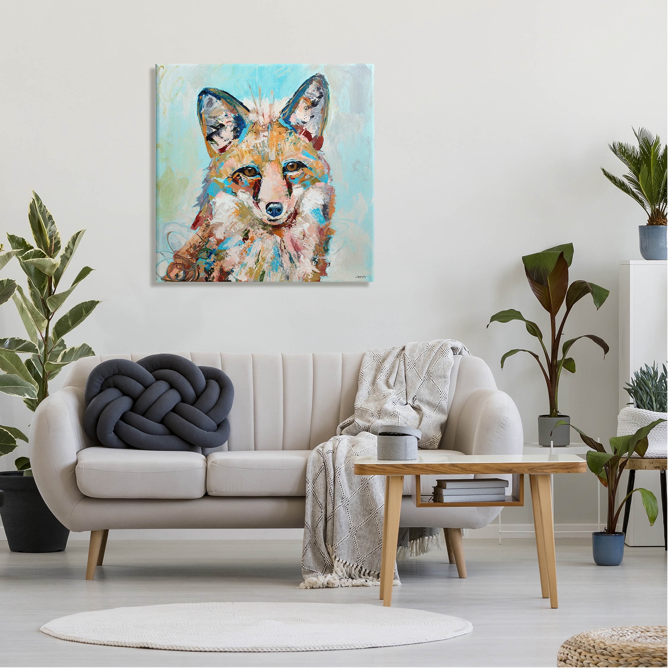 Modern Fox Blue Accent Animal Animals & Insects Painting Gallery Wrapped Canvas Print Wall Art