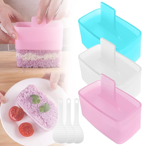 3 Pcs Onigiri Mold with Spoon, Musubi Press Maker, Square Rice Ball Mold Maker, Home DIY Kitchen Tools for Making Perfect Onigiri Sushi Rice Cakes or Even Shaped Desserts (3 Colors)