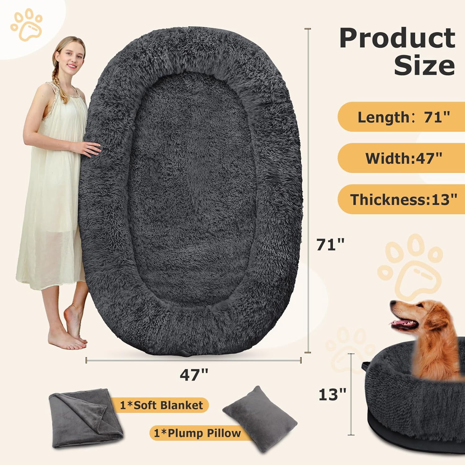 SWITTE Human Dog Bed for Adult, 71"x47"x13" Washable Large Human Size Dog Bed with Blanket for People Doze Off, Removable Giant Dog Bed with Pillow for Adult Pet - Dark Grey