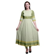 Bimba Green Swirl & Floral Block Printed Women Anarkali Dresses Long Indian Kurtis Ethnic Kurta Dress-Small