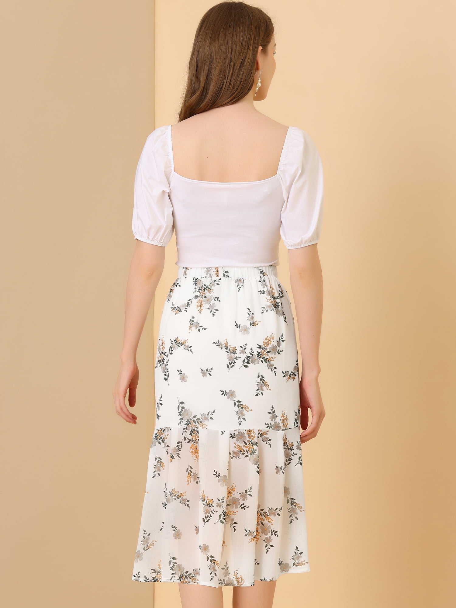 DARING DIVA Women's Floral Elastic Waist Bodycon Ruffle Hem Fishtail Skirt M White