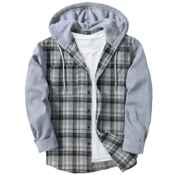 Dresfit Men's Patchwork Hoodies Long Sleeve Plaid Flannel Pullover Quilted Button Down Drawstring Fall Winter Shirt Big and Tall Flap Pocket Oversized Shirts Gray 3XL