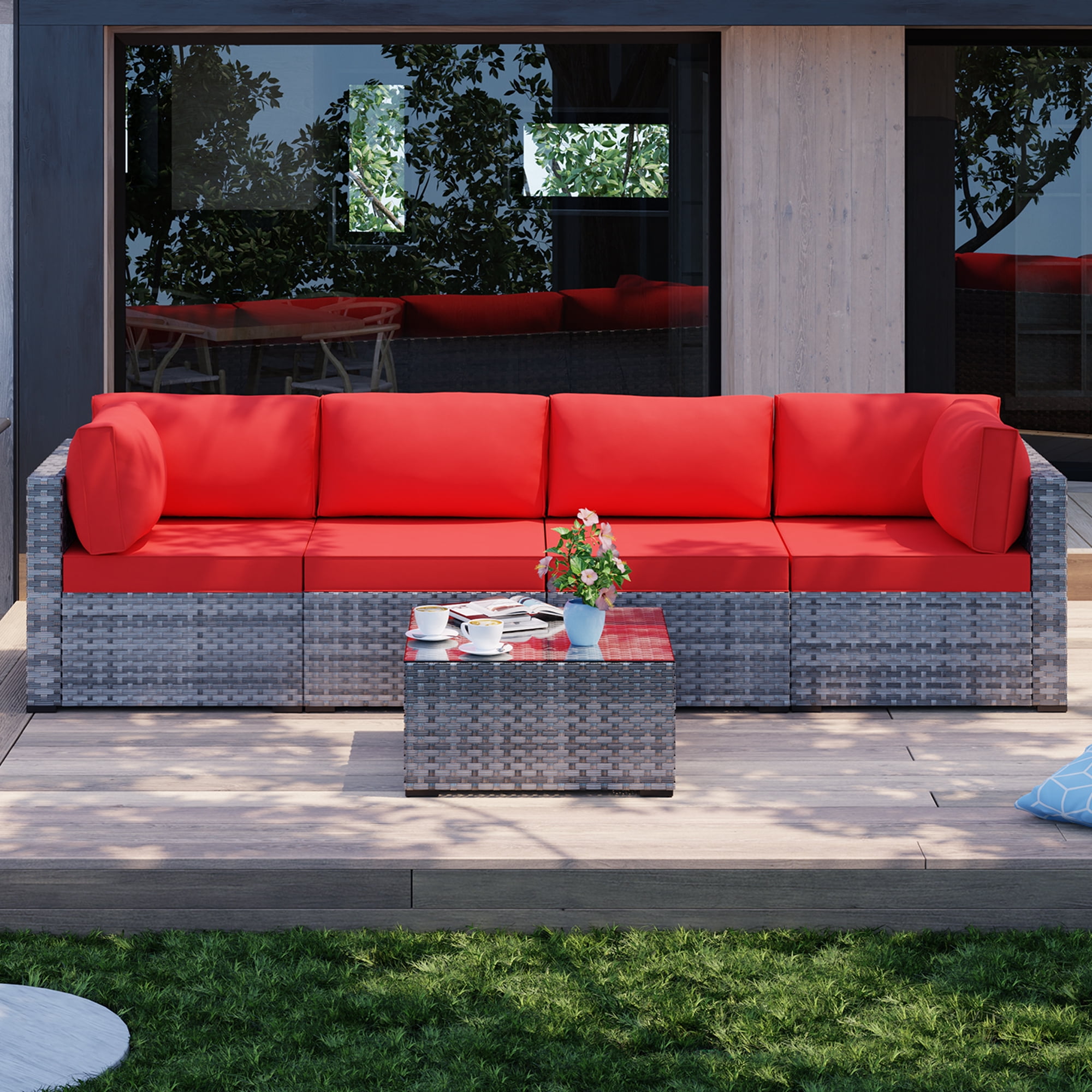 5 Pieces Patio Furniture Sets, Wicker Outdoor Sectional Furniture with