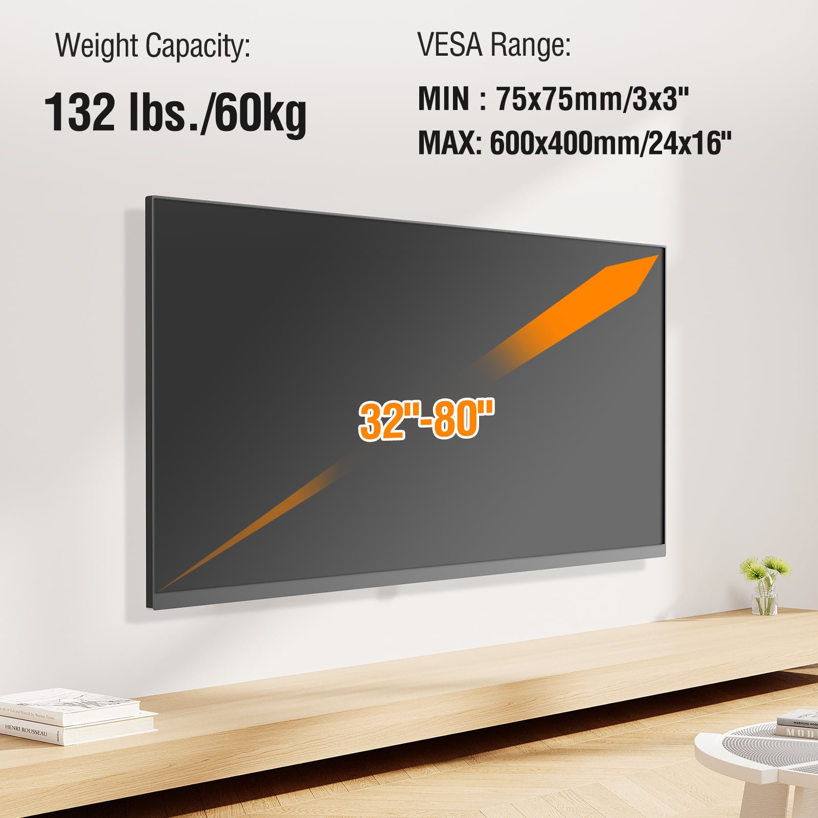 HOMOUNT Full Motion TV Wall Mount for Most 32-80 inch TVs, Wall Mount Bracket with Articulating Swivel and Tilt, Max VESA 600x400mm, Holds up to 132lbs