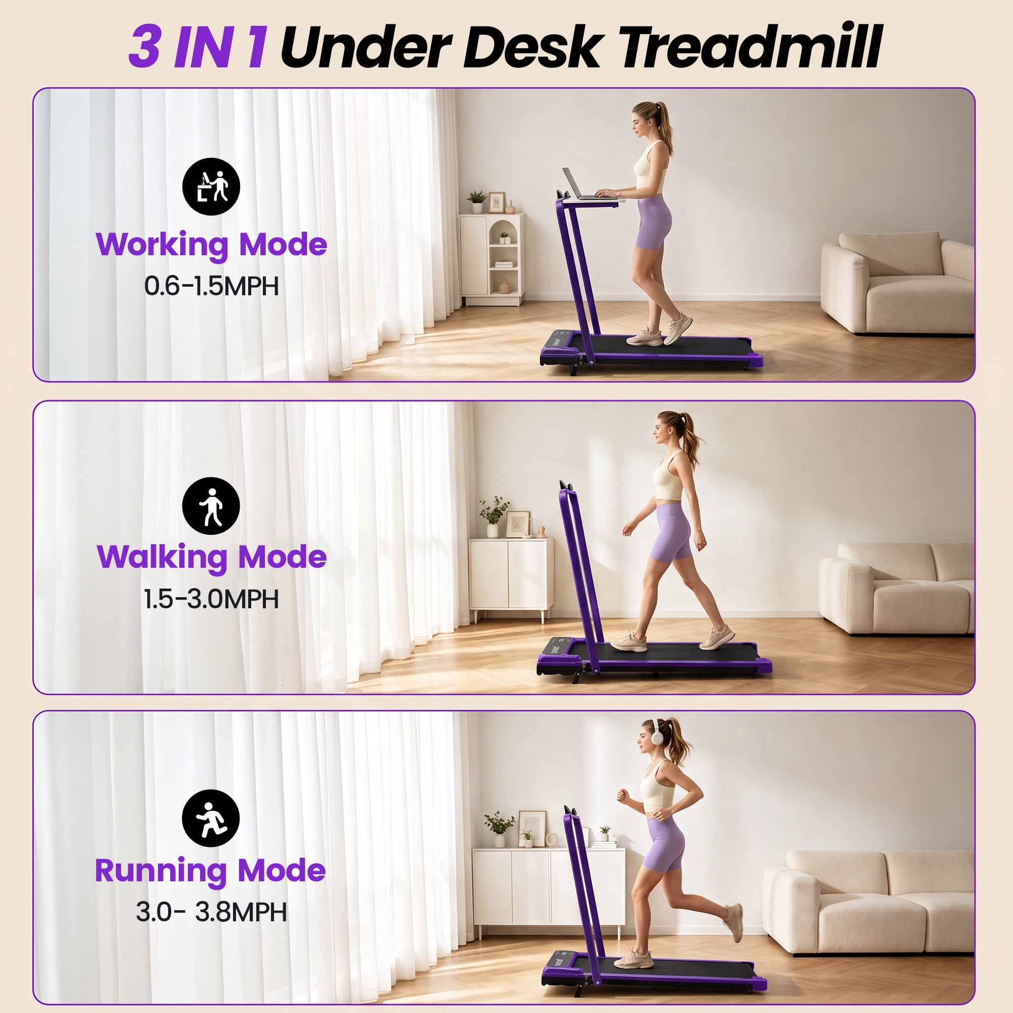 Walking Pad Treadmill with Handle Bar & 6% Adjustable Incline, Foldable Portable Treadmills for Home Office, Quiet Under Desk Treadmill, Purple