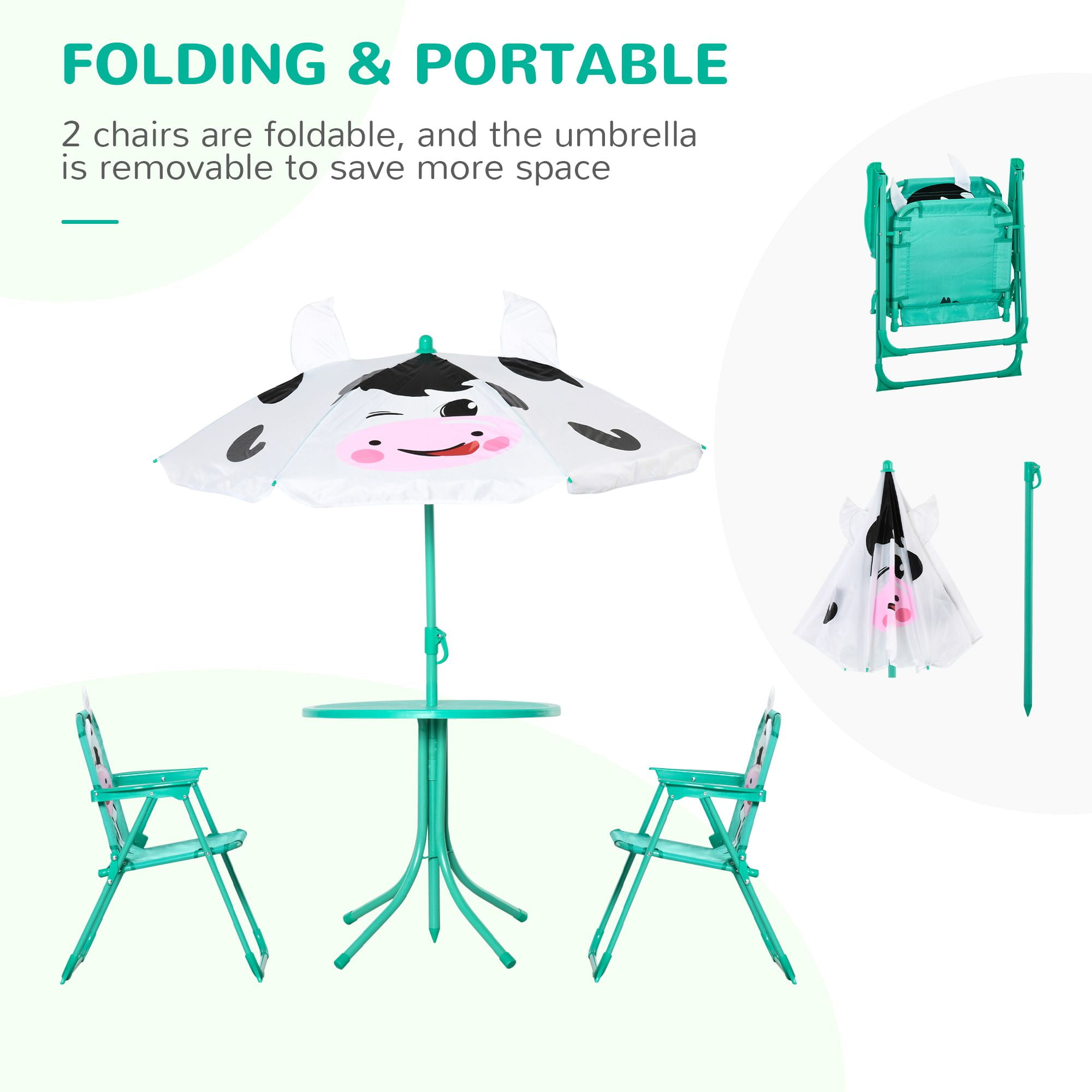 Kids Table and Chair Set, Outdoor Folding Garden Furniture, Picnic Table for Patio Backyard, with Removable & Height Adjustable Sun Umbrella, Aged 3-6 Years Old, White
