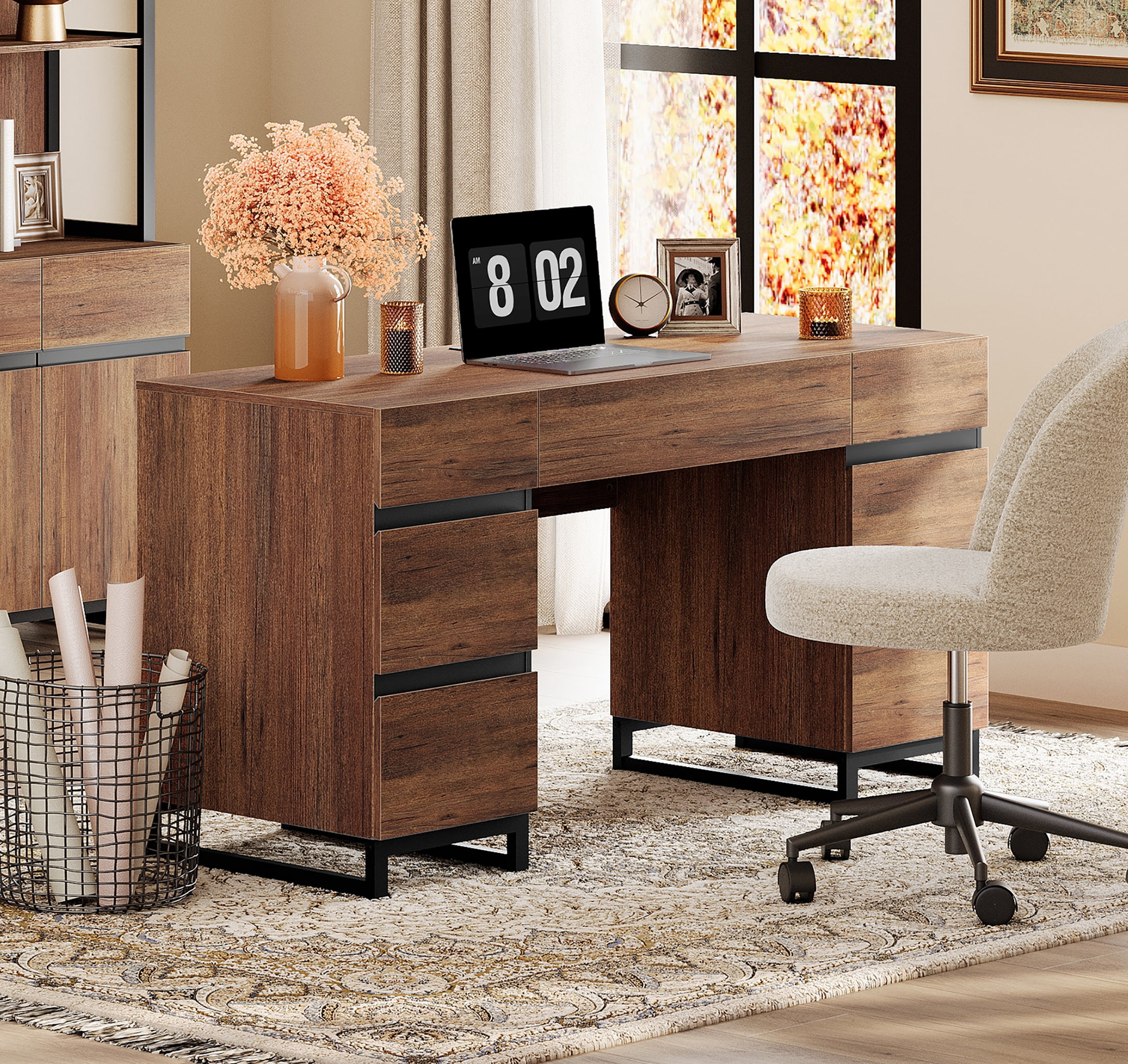 WAMPAT Home Office Set: 59" Modern Desk with Charging Station and Storage Cabinet, Two 72" Tall Bookcases With 3 Tiers And 4 Cabinets, Wood Computer Desk and Storage Cabinet for Work Study, Brown