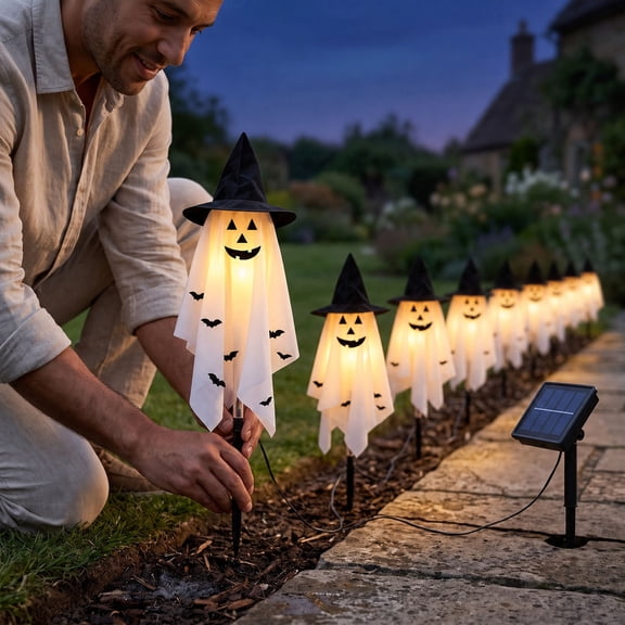 6-Pack Solar Ghost Stake Lights with Smiling Faces and Witch Hat Prints, Waterproof Outdoor Halloween Decor for Yard, Garden, Walkway and Landscape Display