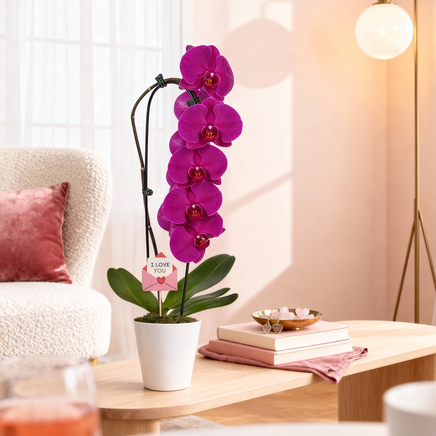 5IN Purple Waterfall Orchid (VDAY Edition) – White Quinn Pot – “I Love You Envelope” Pick