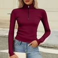 thumbnail image 4 of Lenpel Long Sleeve Shirts for Women Plus Size Turtleneck Half Zip Ribbed Knit Slim Crop Tops Fall Winter Clothes(Wine,4X-Large), 4 of 5