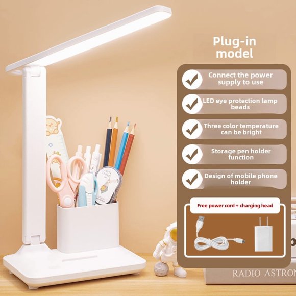 White Foldable LED Desk Lamp with USB Charging: Eye-Caring, Dimmable & Color-Adjustable Study Light for Students – Perfect for Dorm Rooms, Reading, and Small Spaces, Includes Power Cable & Adapter