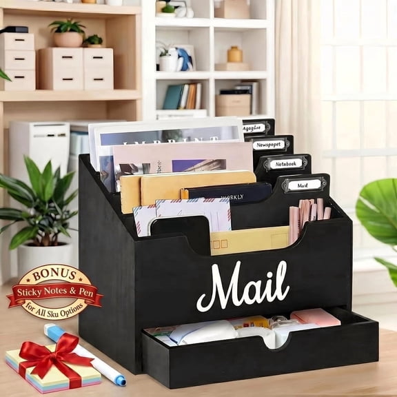 Desktop Mail Organizer With Drawer, Black Wood Mail Holder Sorter Organizer Holder, Countertop Desk Office Accessories Organizer For File Letter Paper Folder, Desktop Organizer