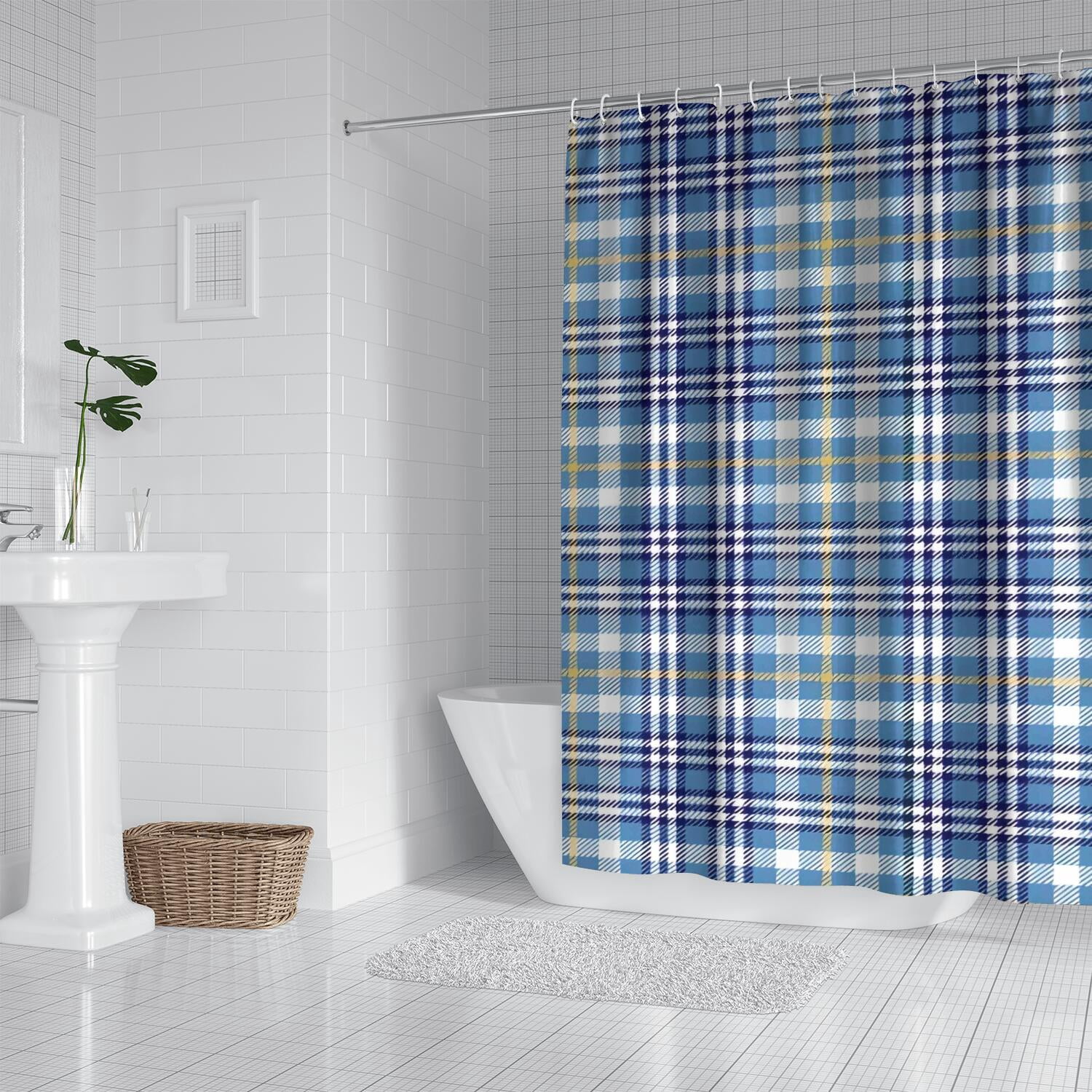 Blue White and Yellow Checkered Pattern Shower Curtain 72"x72" ,Bathroom Decorative Shower Curtains Set with 12 Hooks,Modern Waterproof Washable Shower Curtain