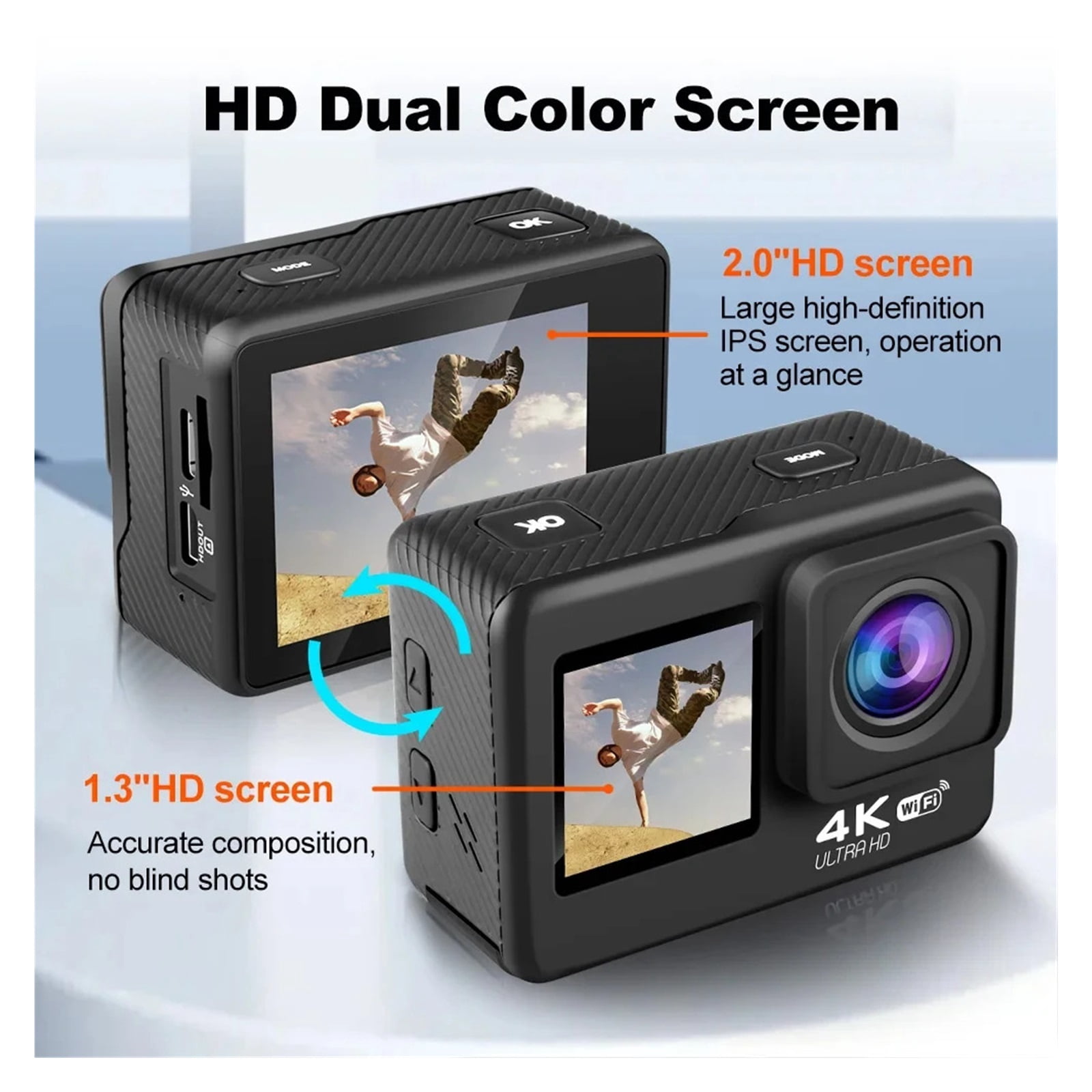 Action Camera 4K  WiFi 170° Wide Angle Len Dual Screen Display Video Camera 30M Underwater Waterproof Sport Camera