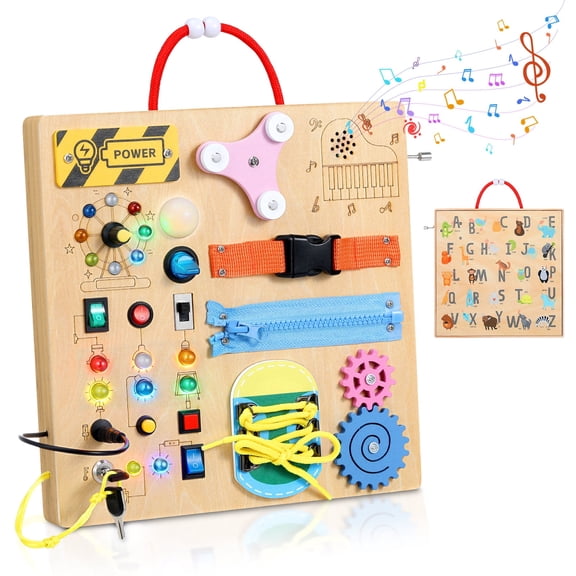 MoKo Busy Board Montessori Toys for 3  Years Old Wooden Sensory Toys Board with LED Light Up Switch, Locks, Zippers, Music Boxes Learning Educational Fidget Toy