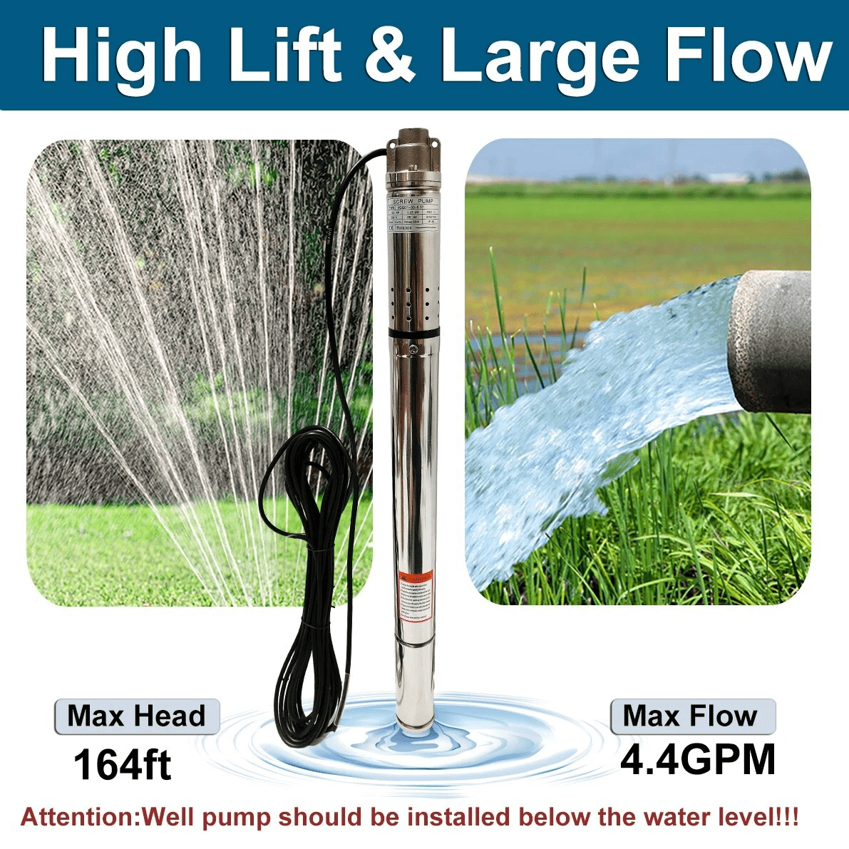 iMeshbean 2" OD 1/2HP Deep Well Submersible Pump 110V 4.4GPM 164FT Max 33FT Cord 1/2in NPT