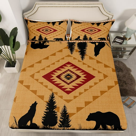 YST Bear Wolf Fitted Sheet Full Wildlife Bed Sheets For Kids Boys Girls Black Animals Plants Sheets Brown Cabin Style Room decor Geometric Tribal Rustic Country Bed Set