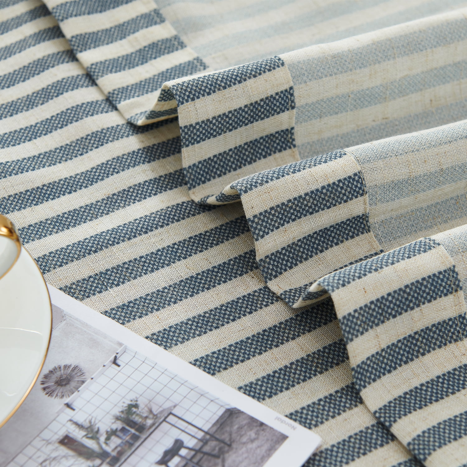 Curtainking Linen Striped Curtains 84 inch Farmhouse Light Filtering Drapes for Living Room Bedroom Grommet Top 2 Panels Blue