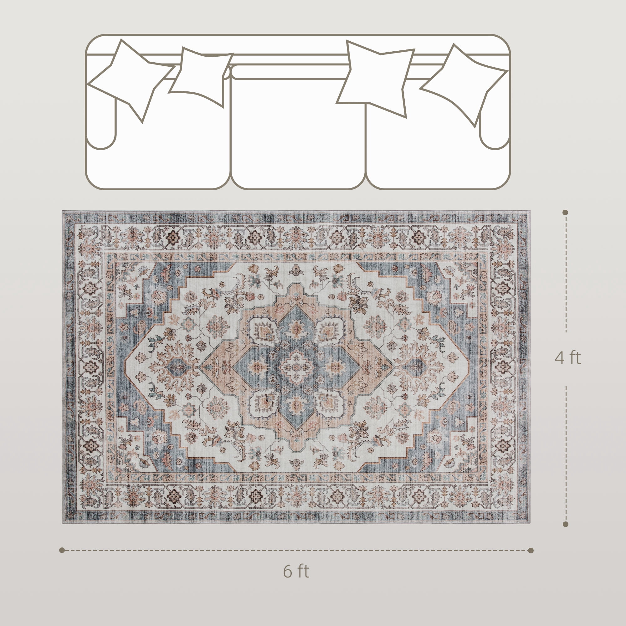 4' x 6' Area Rug, Vintage Pattern Rug with Anti-Slip TPR Backing, Soft Floor Carpet for High Traffic Living Room, Easy to Clean