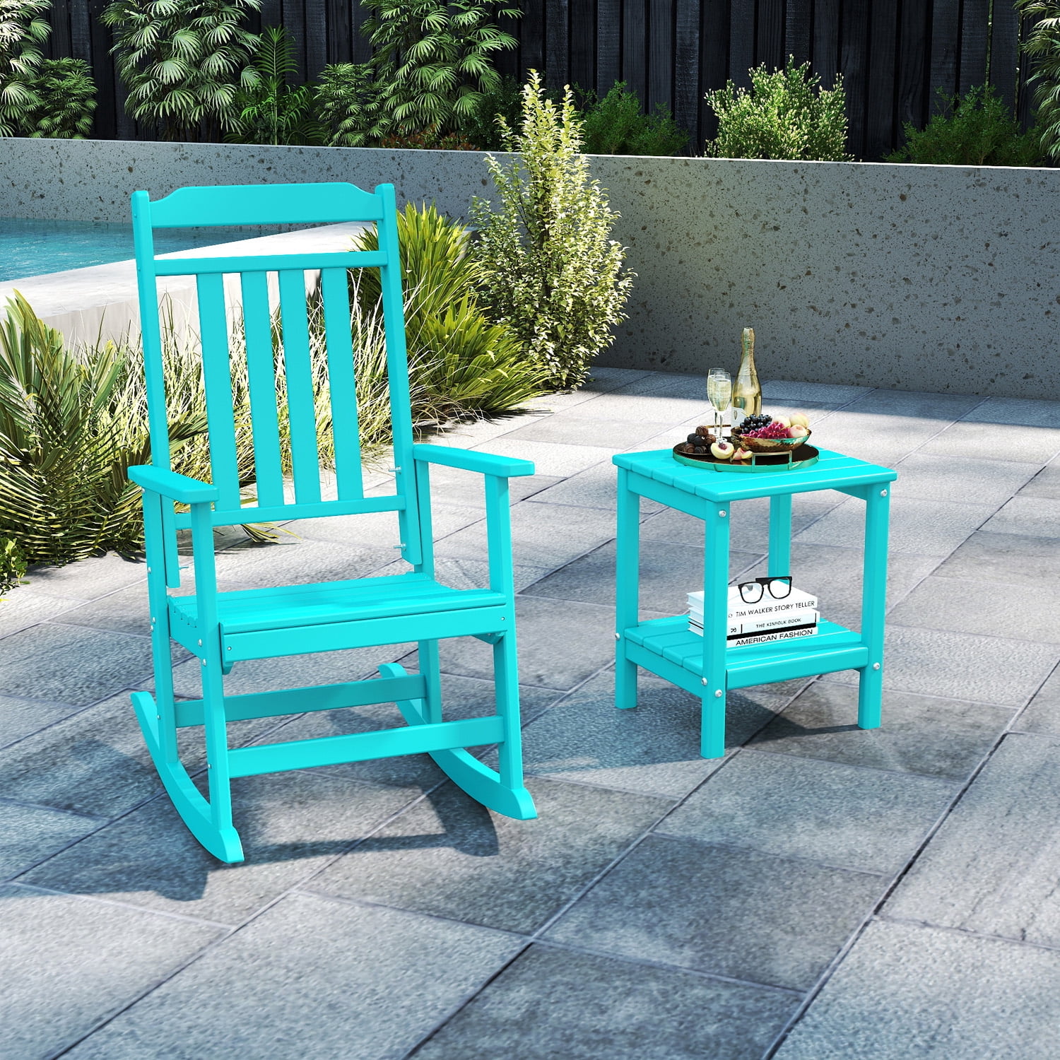 Pipopa Adirondack Outdoor Side Table Set of 2,HDPE All Weather Double Layer Patio Side Table,Rectangular End Table for Garden Balcony Pool,Aqua