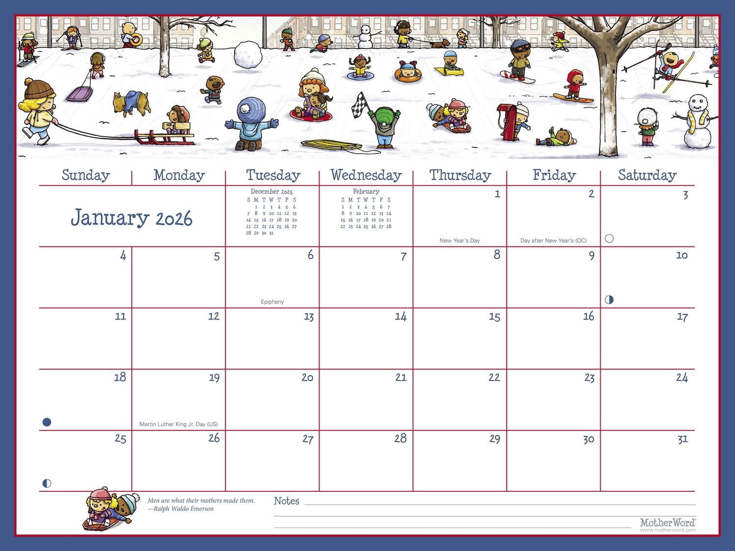 Calendrier familial ultime MotherWord 2026, grand format pour bureau ou mur, en anglais