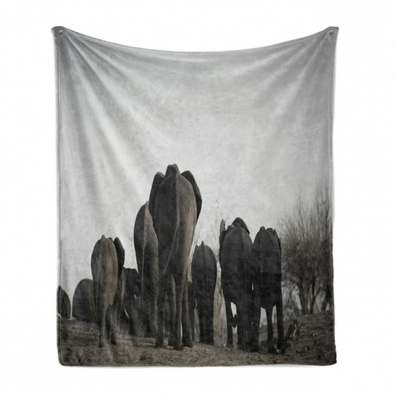 Animal Soft Flannel Fleece Throw Blanket, Image of Herd ofWalking the River Tropical Wildlife Art Safari Theme, Cozy Plush for Indoor and Outdoor Use, 50" x 70", Grey, by Ambesonne