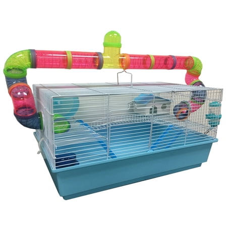 Mcage Large 3-Story Metal Plastic Hamster & Mouse & Gerbil Habitat with Crossover Bridge in Blue