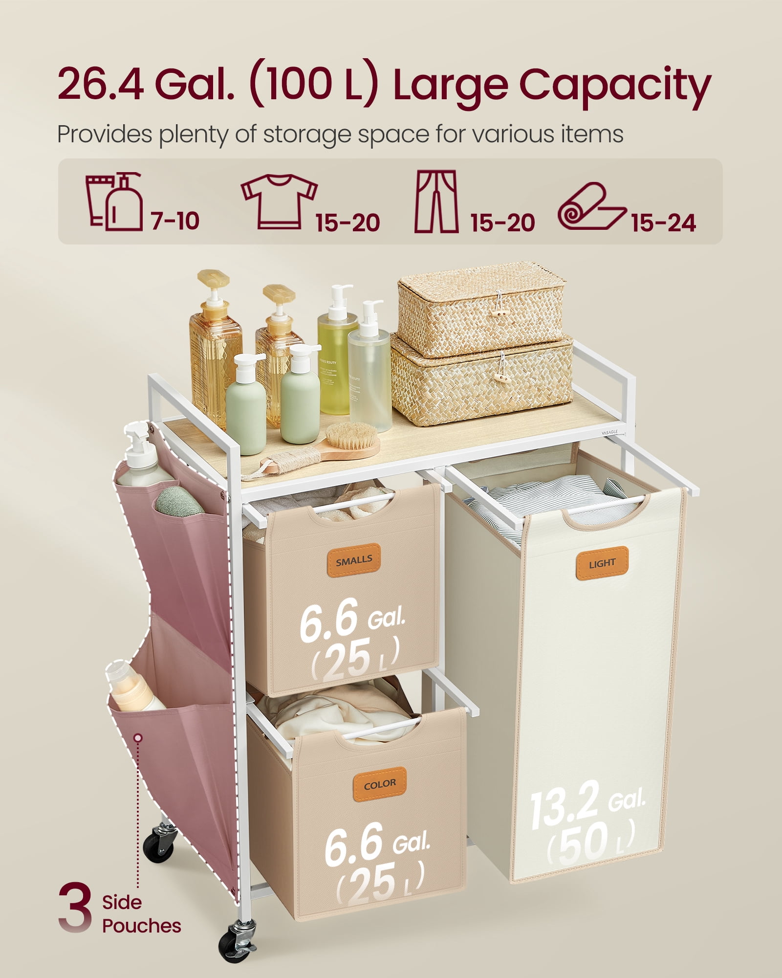 Natural Beige, Camel Brown and Cream White Laundry Hamper,26.4 Gal. (100 L) 3 - Compartment Laundry Sorter, Rolling Laundry Cart with 6 Labels