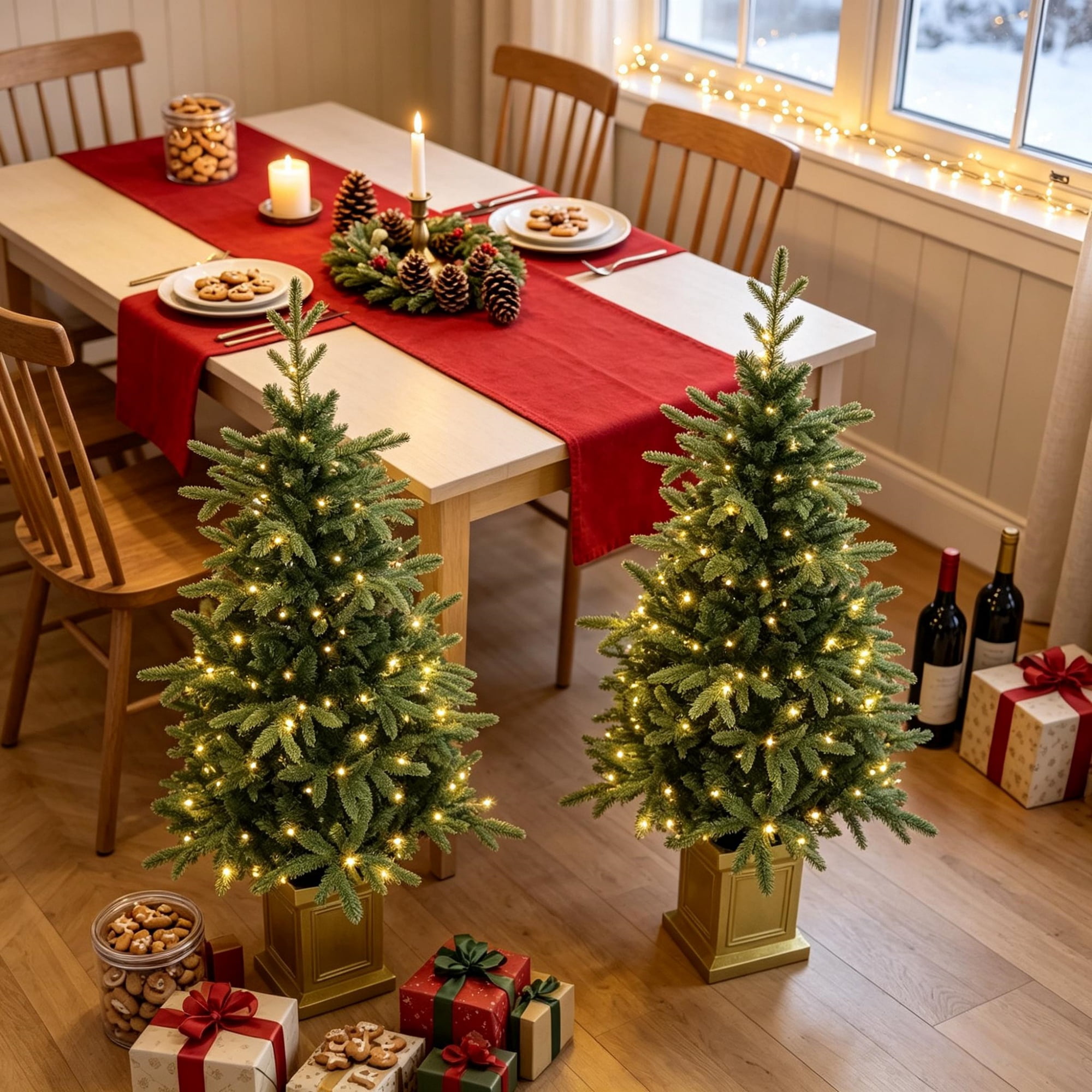 Pre-Lit Artificial Christmas Trees, Set of 2, 4 ft, 110 LEDs Each, 11 Lighting Modes, Remote Control, Battery Operated, Decorative Pot Bases