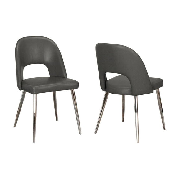 Mia Dark Gray Faux Leather Dining Chairs w Chrome Metal Tapered Legs Set of 2