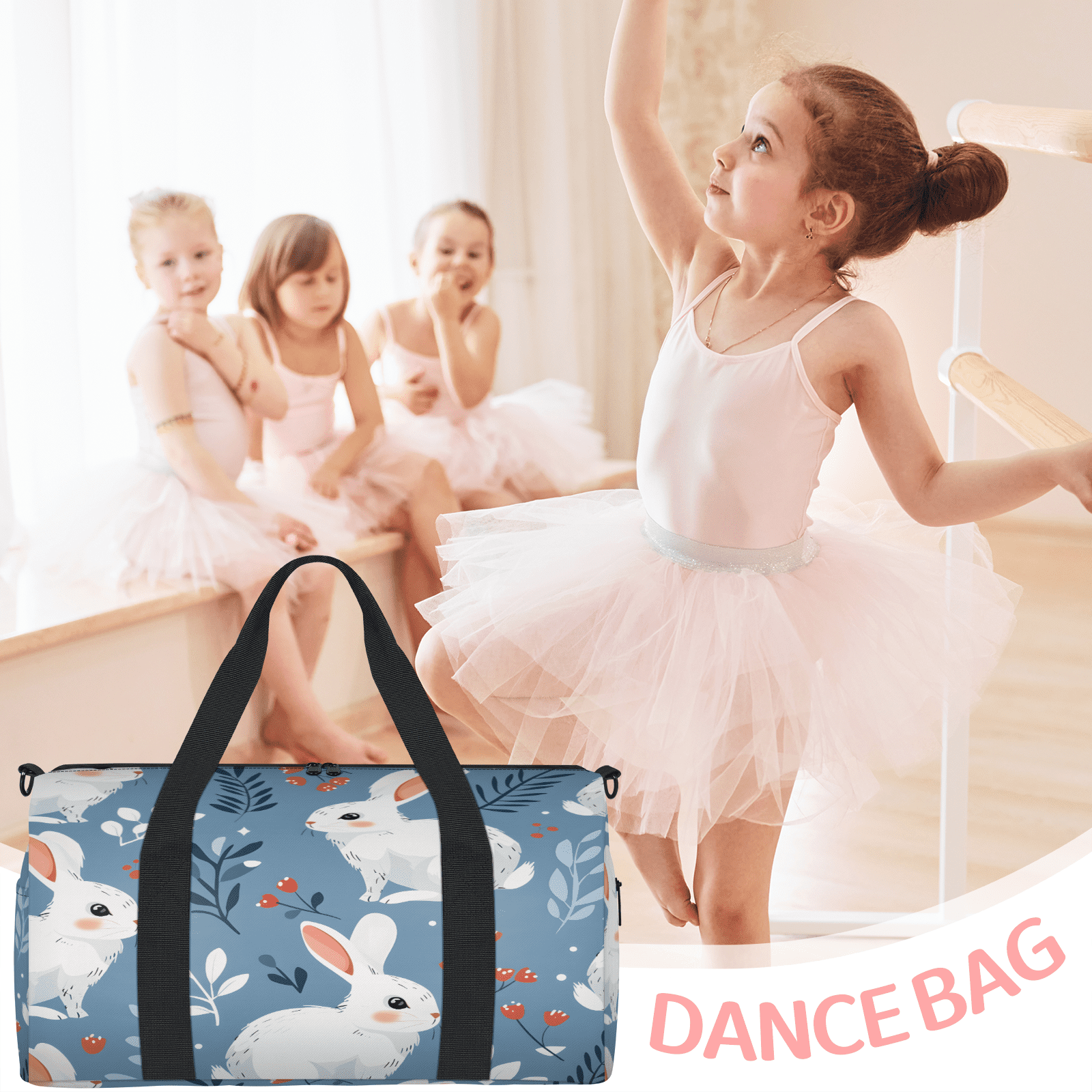 Herdesigns Cute Bunny Travel Duffle Bag Sports Yoga Weekender Overnight Carry on Workout Bags Lightweight Waterproof Gym Tote Bag for Women Rabbit