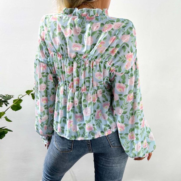 Women Multiple Sizes Multiple Color Casual Classic Nice Printing Chiffon  Top Blouse Shirt(Light Blue,L) 