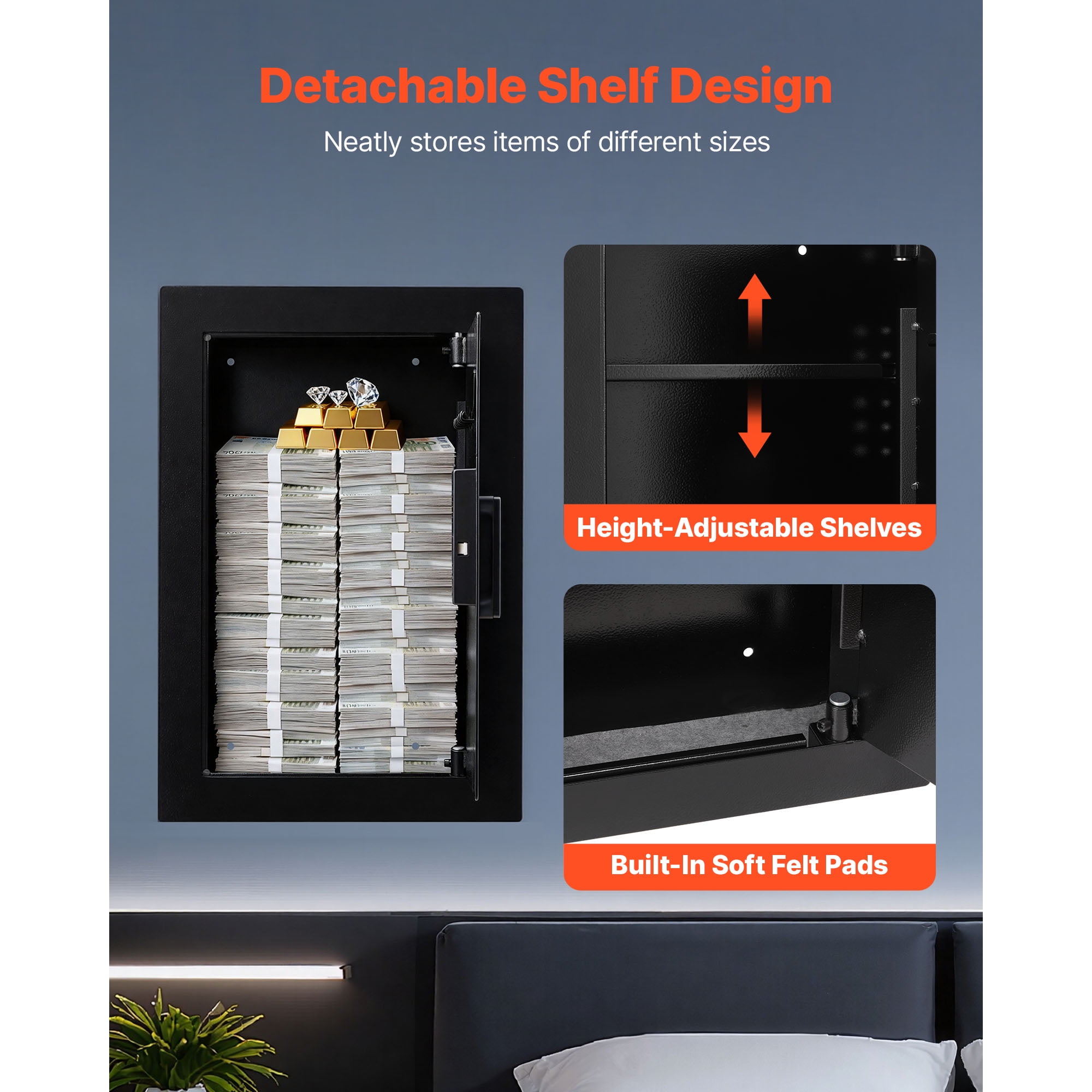 KFFKFF 3-Tier Hidden Wall Safe with Fingerprint Access, Password, Key, and Turning Knob, Durable Steel Construction with Adjustable Shelves and Key Holders for Secure Storage of Valuables