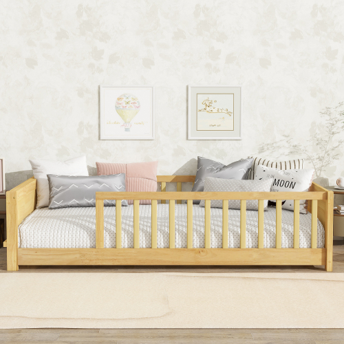 Bellemave Twin Size Floor Bed with Fence, Montessori Floor Twin Bed with Built-in Book Rack, Solid Wood Twin Bed with Slats and Safety Guardrails, Natural