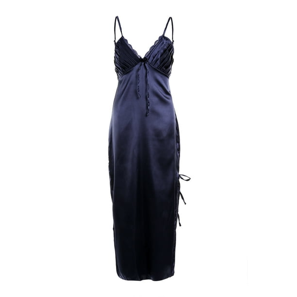 Women Nightgown Long Night Dress Silk Stain Deep-V Sleepwear Sleep Dress 