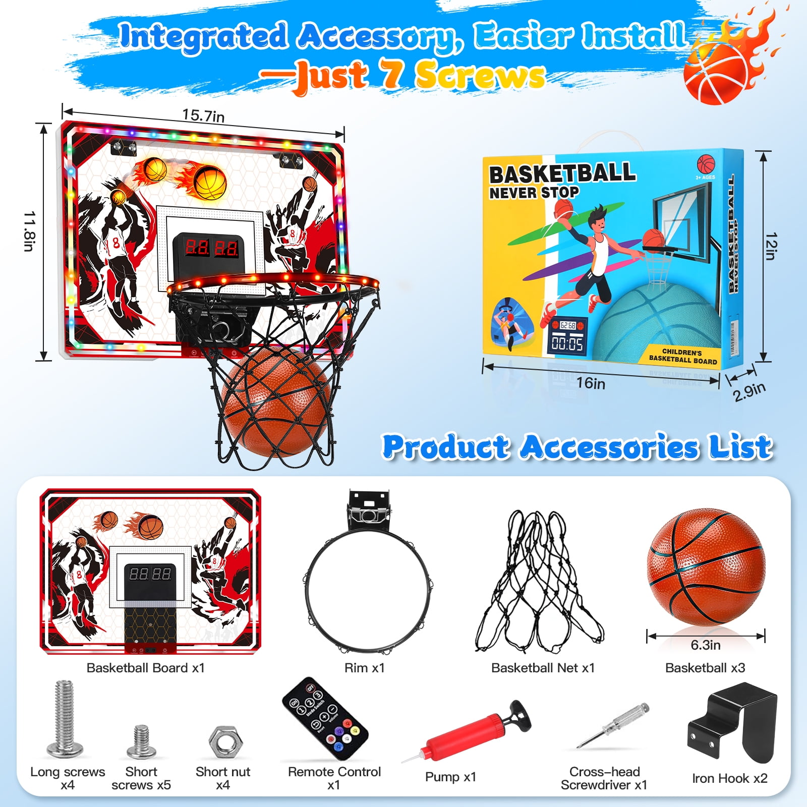 Quiet Flower Toy Basketball Hoop Over Door Indoor with LED Light, Scoreboard, 6 Modes, 3 Balls, 1-Pack