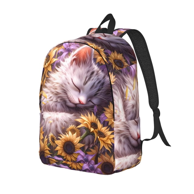 Disketp Warm Sunflower Sleeping Cat print Canvas Backpack Lightweight Travel Daypack Student Rucksack Laptop Backpack-Small